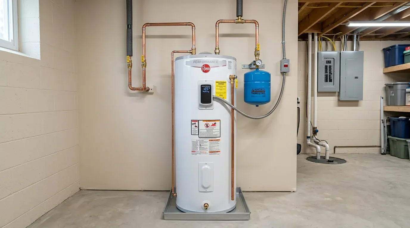 Water Heater Repair near me - Professional plumbing diagnostics on a residential water heater tank with thermal expansion piping